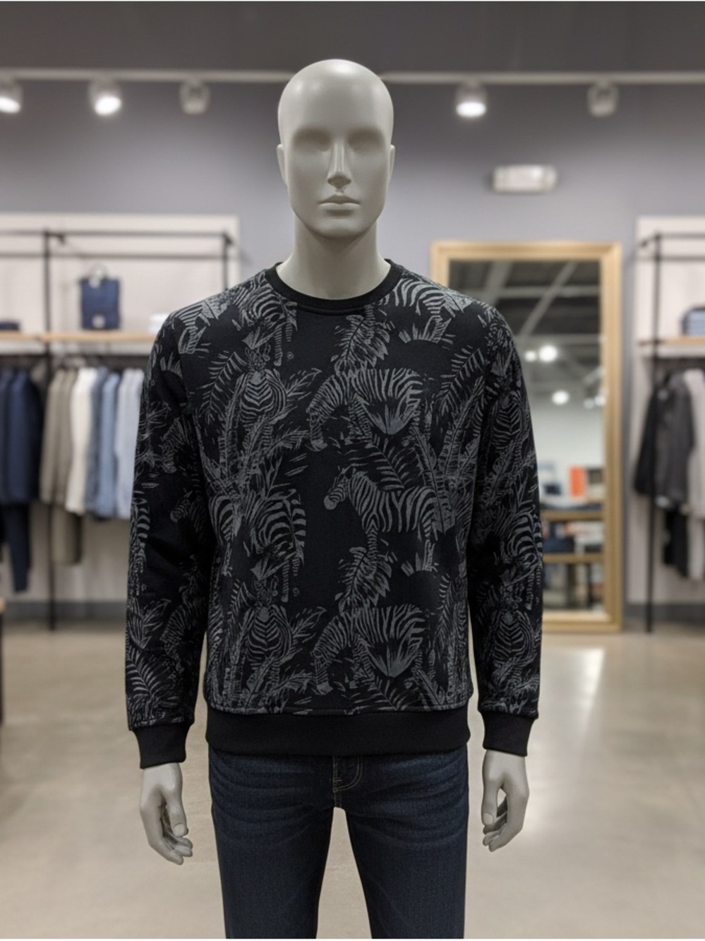 Men's Black Tropical Print Crewneck Sweater